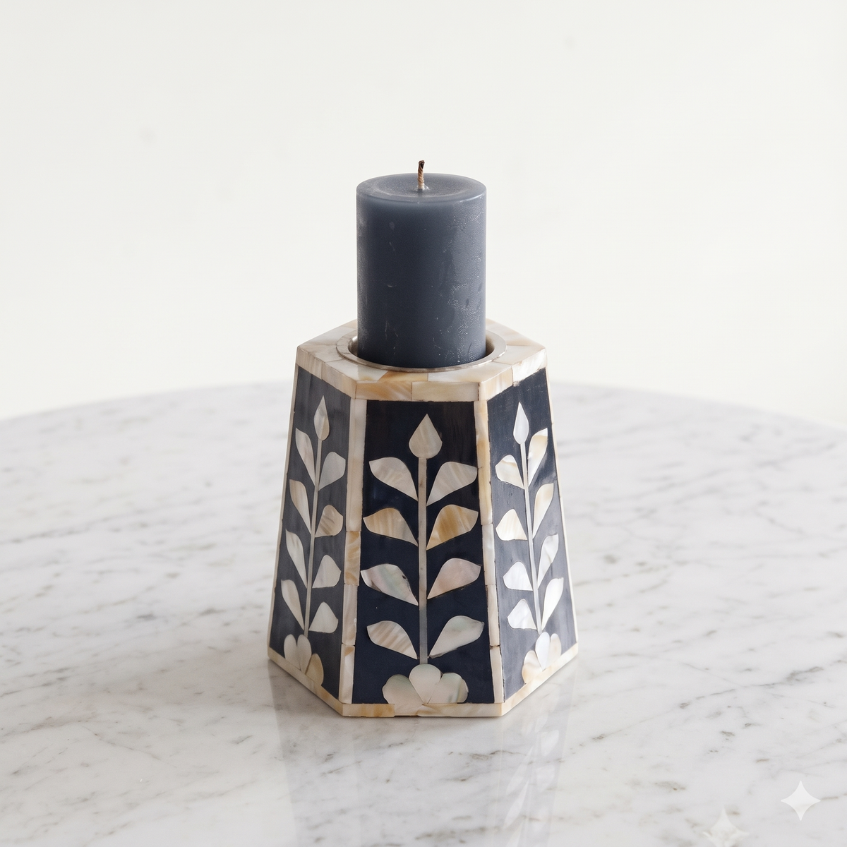 Handcrafted Black Bone Inlay Candle Holder – Tapered Hexagonal Pillar Candle Stand for Home Decor & Gifting
