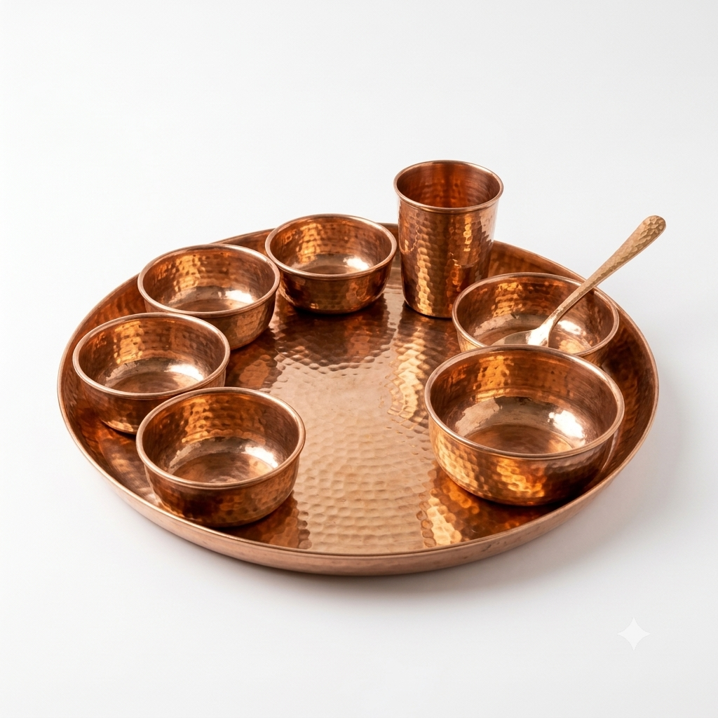 Traditional hammered copper thali with serving bowls and copper glass