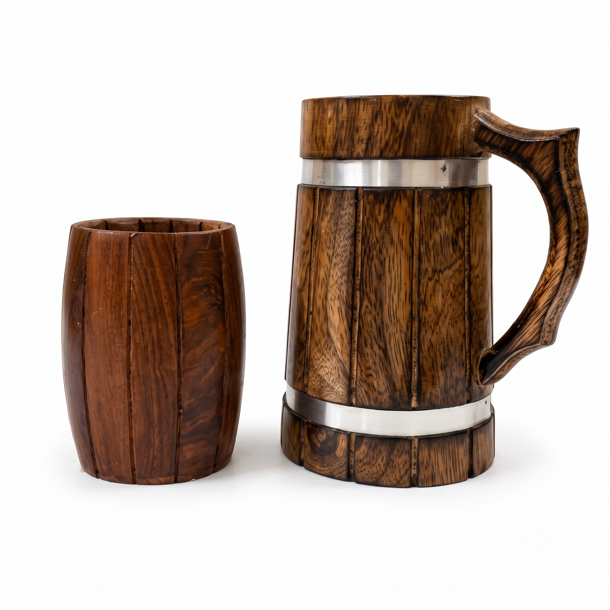 Wooden beer mug with handle and matching wooden drinking cup with rustic wood grain finish