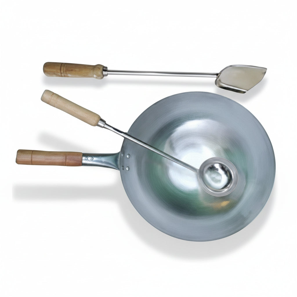 iron Wok (Kadai) with Wooden Handle & Ladle Set – Heavy-Duty Commercial Cooking Combo