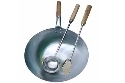 iron Wok (Kadai) with Wooden Handle & Ladle Set – Heavy-Duty Commercial Cooking Combo