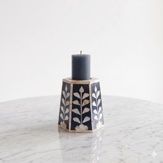 Handcrafted Black Bone Inlay Candle Holder – Tapered Hexagonal Pillar Candle Stand for Home Decor & Gifting