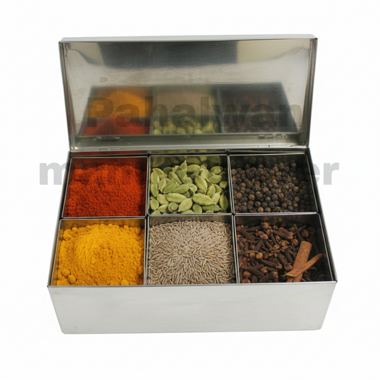 Stainless Steel Masala Dani – 6 Compartment Spice Box with Lid