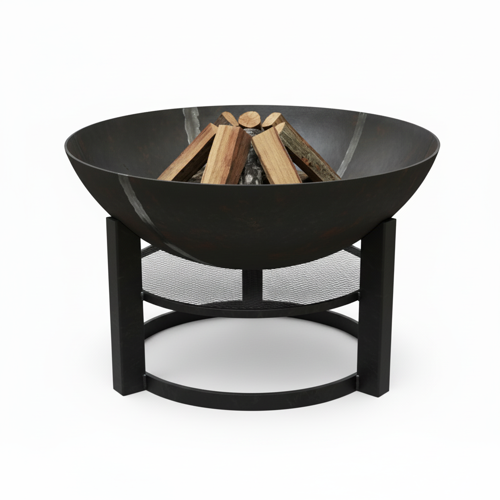 Modern Iron Fire Pit with Wood Storage Shelf – Outdoor Garden Fire Bowl