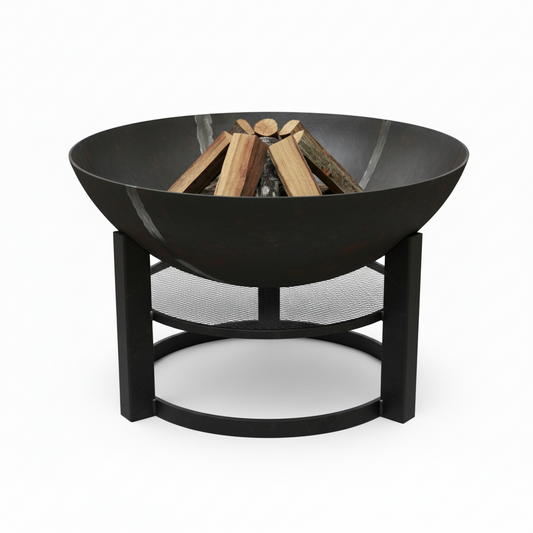 Modern Iron Fire Pit with Wood Storage Shelf – Outdoor Garden Fire Bowl