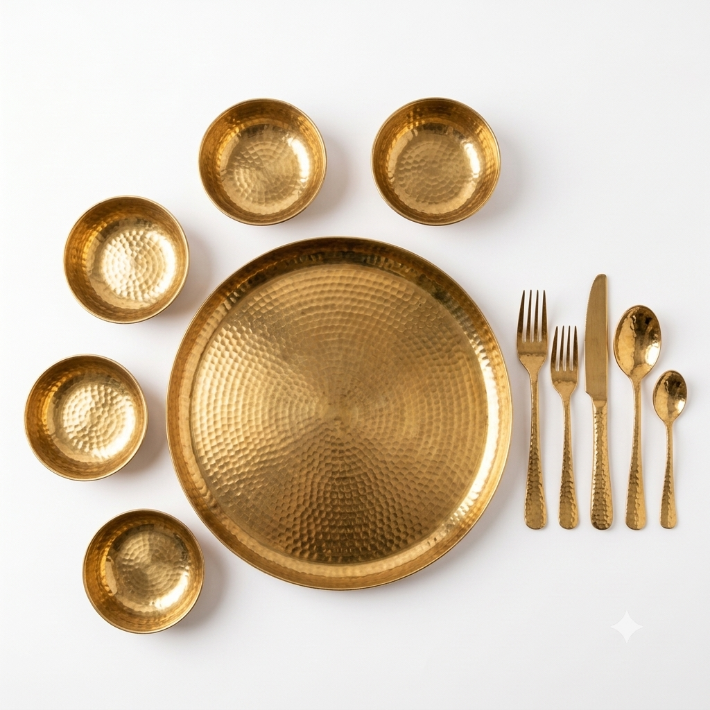 Hammered brass golden dinnerware with textured finish
