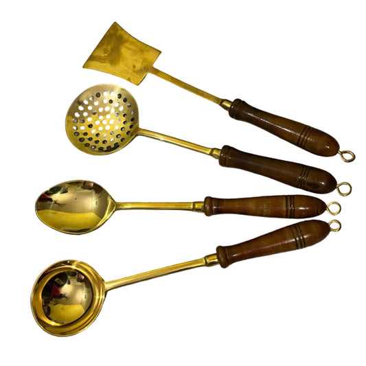 Handcrafted 4-piece brass cooking and serving spoon set with turned dark wood handles