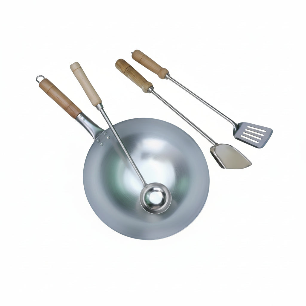 Iron wok kadai with wooden handle and ladle set
