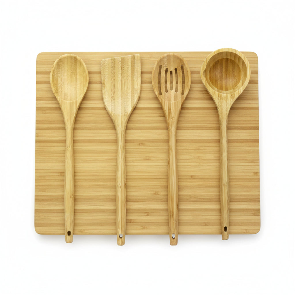 Natural bamboo wooden kitchen cooking utensils with spoons and spatula