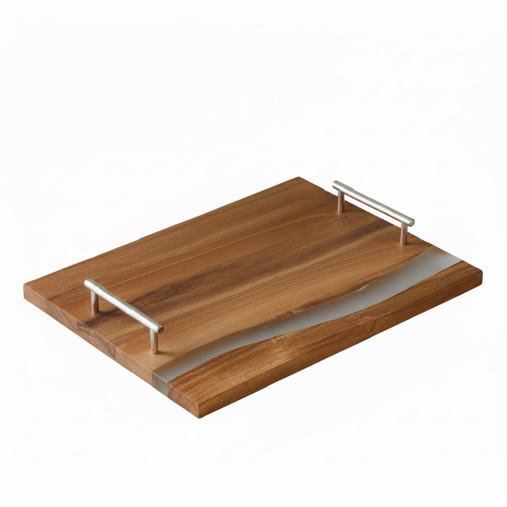 Natural wooden serving tray with metal handles