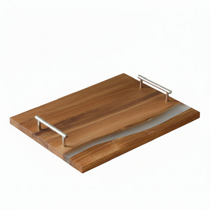 Natural wooden serving tray with metal handles