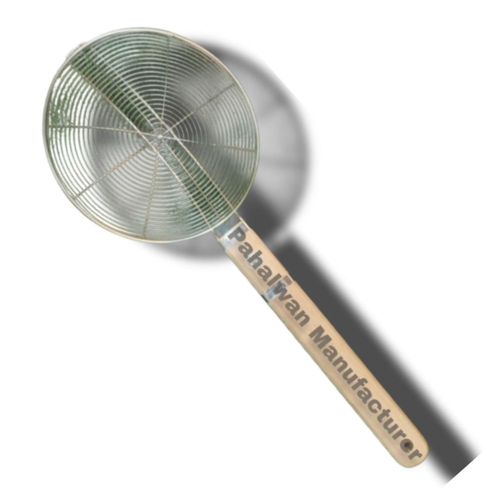 Heavy-Duty Stainless Steel Frying Skimmer with Natural Wood Grip