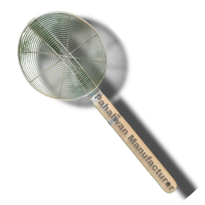 Heavy-Duty Stainless Steel Frying Skimmer with Natural Wood Grip