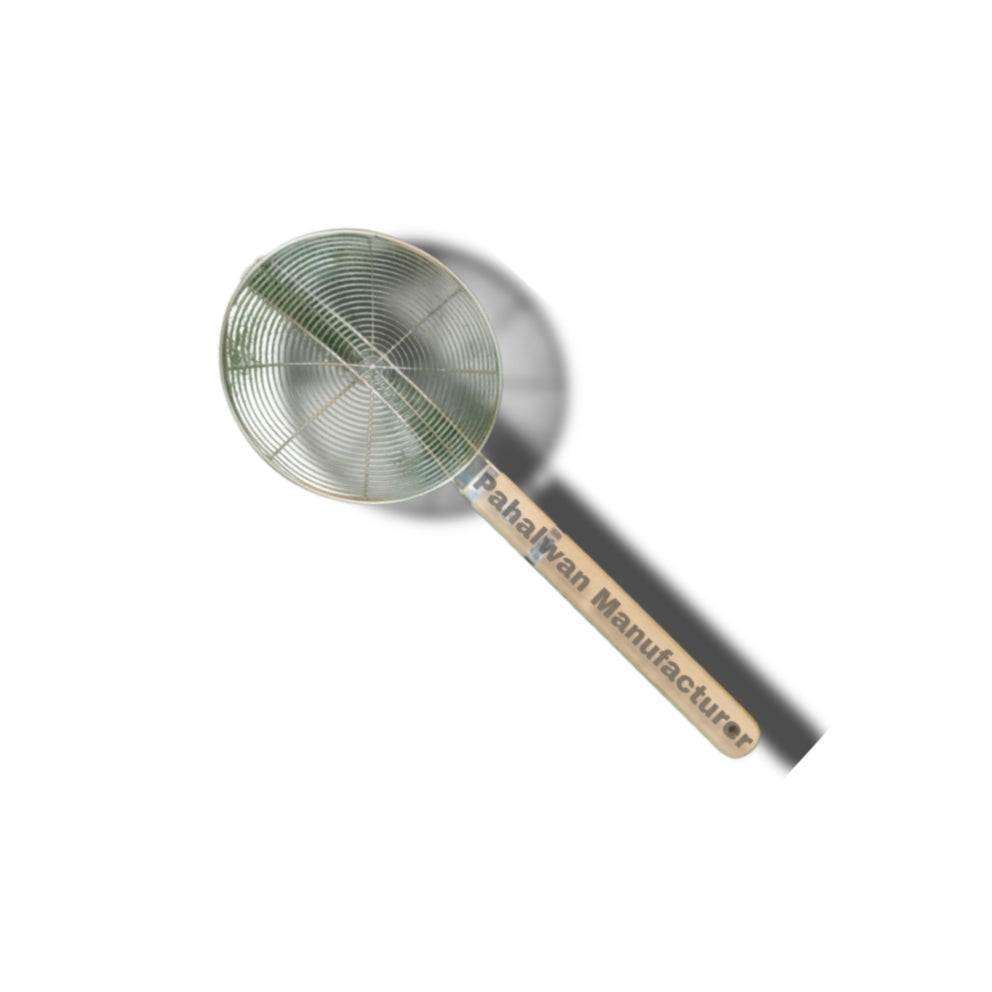 Heavy-Duty Stainless Steel Frying Skimmer with Natural Wood Grip