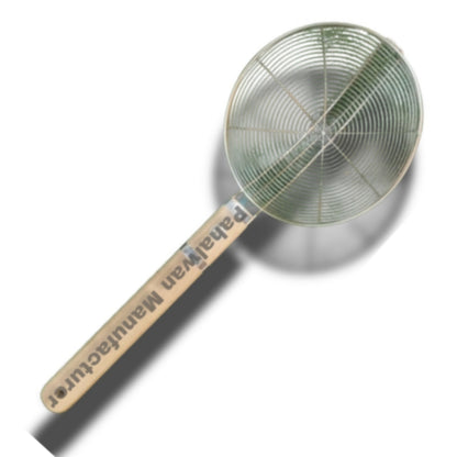 Heavy-Duty Stainless Steel Frying Skimmer with Natural Wood Grip