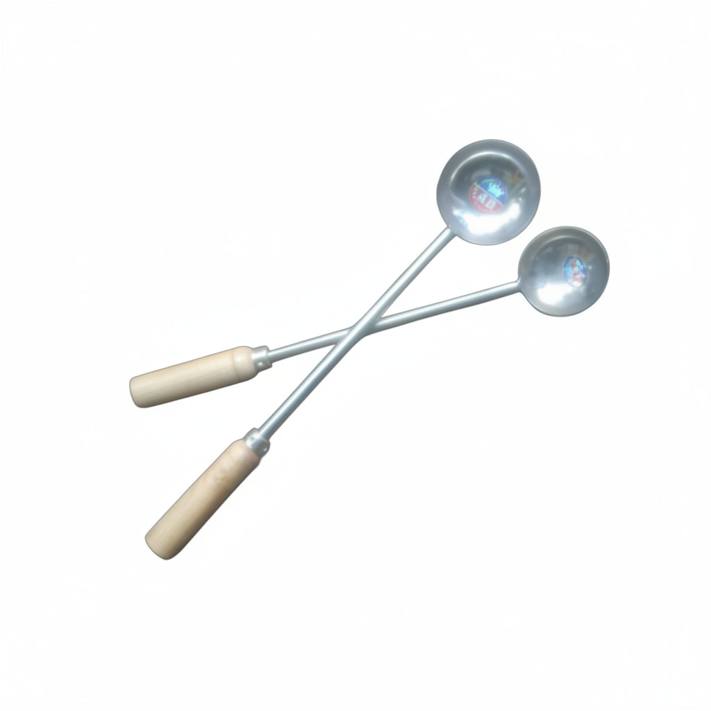 Stainless Steel Ladle / Dabbu Set of 2 – Heavy-Duty with Wooden Handle