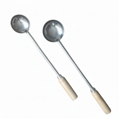 Stainless Steel Ladle / Dabbu Set of 2 – Heavy-Duty with Wooden Handle