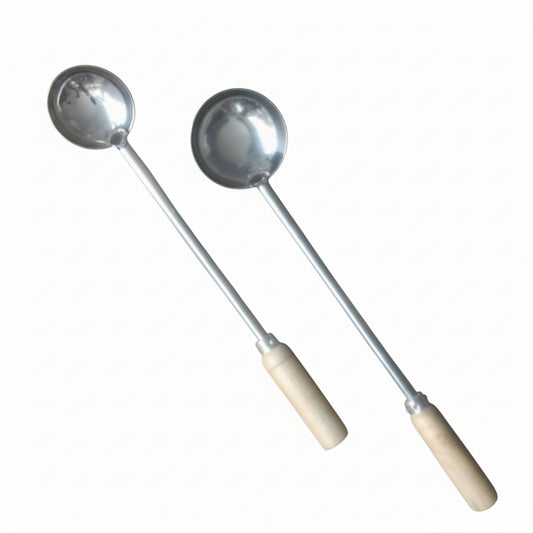Stainless Steel Ladle / Dabbu Set of 2 – Heavy-Duty with Wooden Handle
