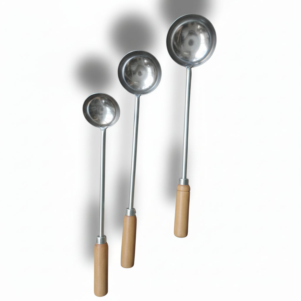 Stainless Steel Ladle Set of 3 (4 No, 5 No & 6 No) – Heavy-Duty with Wooden Handle