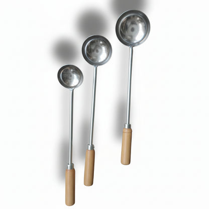Stainless Steel Ladle Set of 3 (4 No, 5 No & 6 No) – Heavy-Duty with Wooden Handle