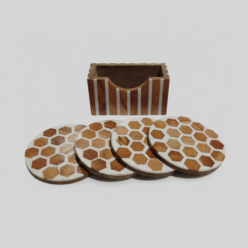 Wooden round coaster with decorative hexagonal pattern