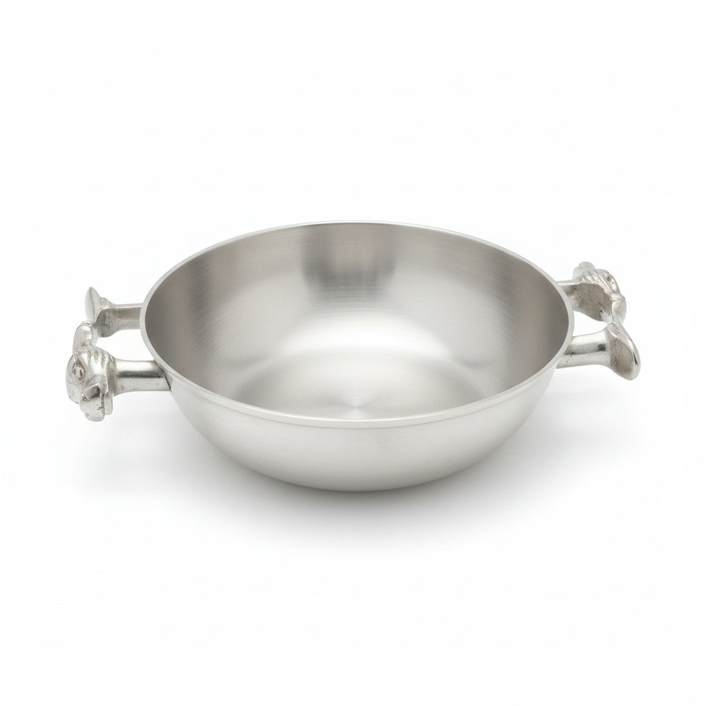 silver plated brass serving bowl with dual sculpted tiger handles