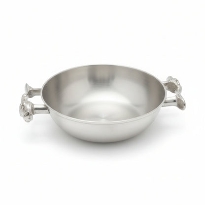 silver plated brass serving bowl with dual sculpted tiger handles