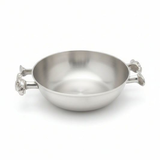 silver plated brass serving bowl with dual sculpted tiger handles
