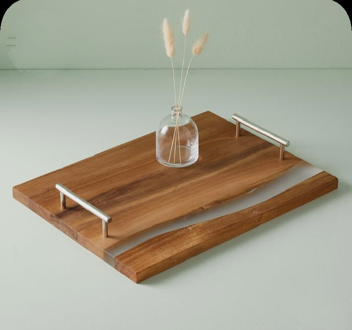 wooden serving tray with metal handles